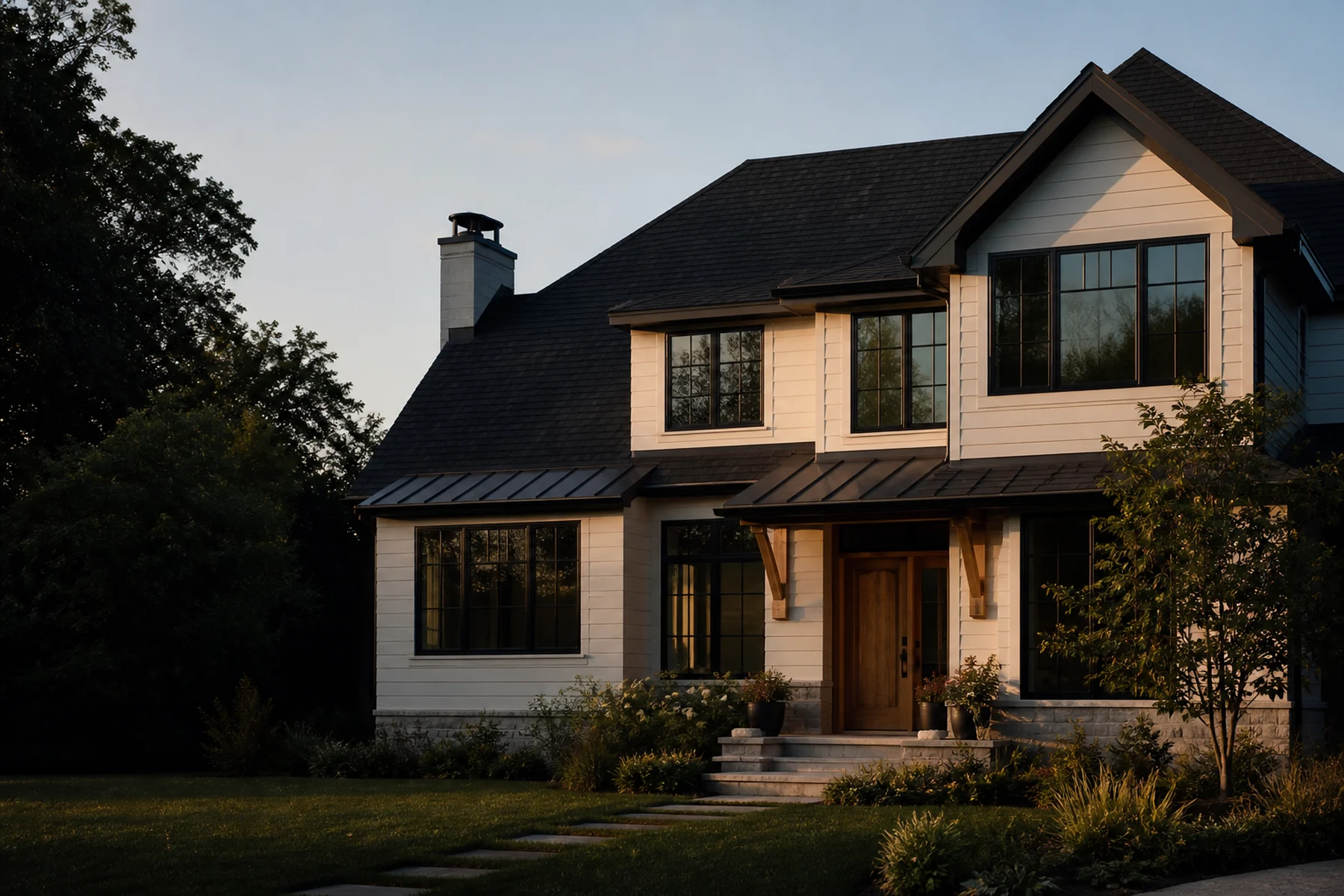 Contemporary family home with a dark roof, crisp windows, and natural-toned siding