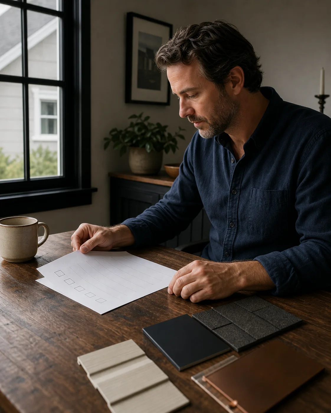 Homeowner reviewing exterior project notes at a dining table