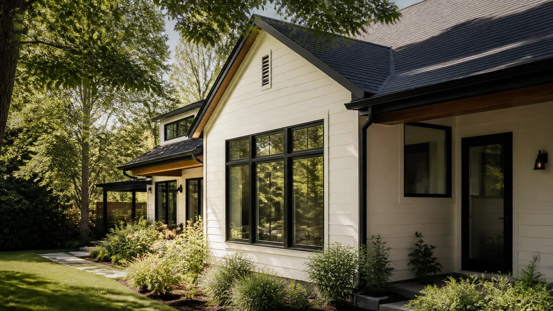 Sunlit home exterior with modern insulated windows and considered shading