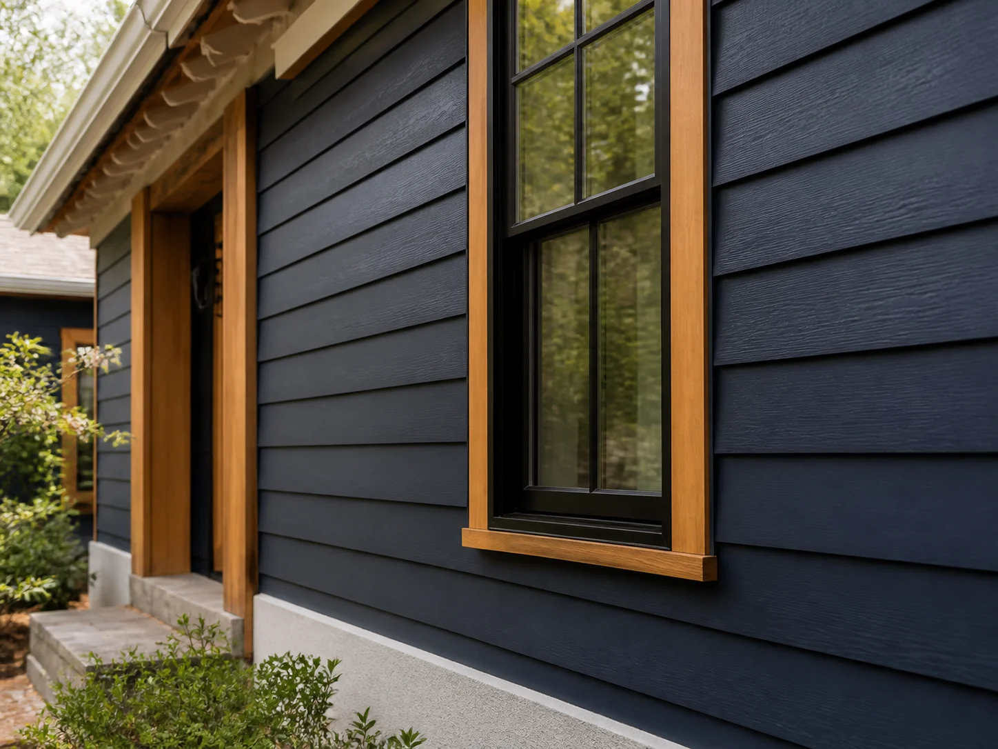 Detailed home facade with horizontal siding and warm wood trim