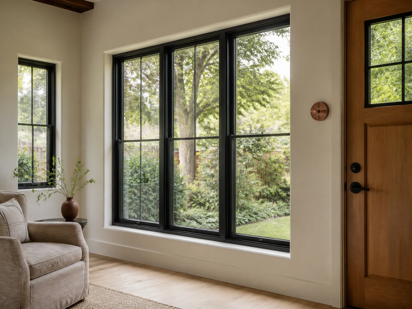 Bright living area with black-framed energy-efficient windows